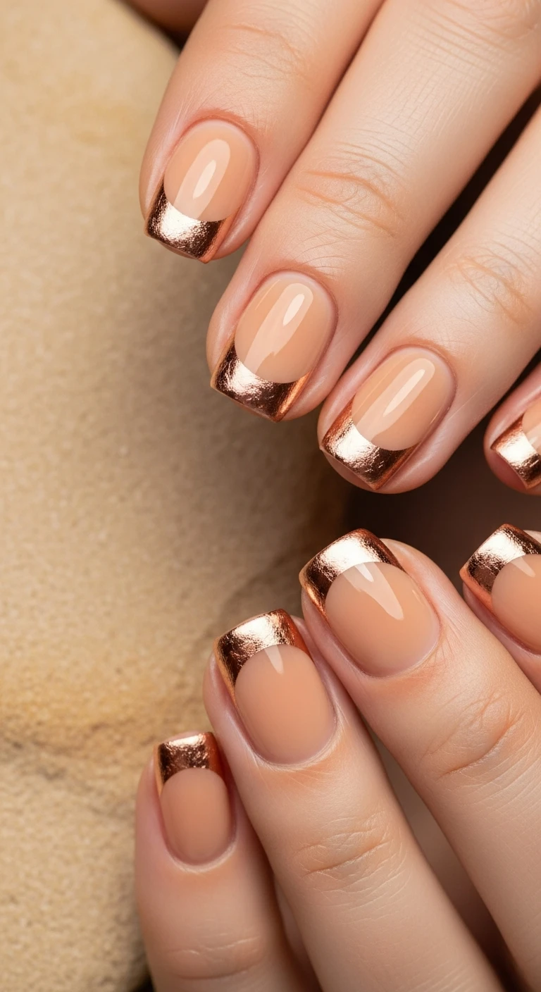 A beautiful macro photograph of one hand showing a nail design in detail. The nails are painted with an opaque warm sand base color, featuring perfectly smooth, unpainted negative-space semi-circles at the cuticle base. Each half-moon is outlined by a razor-thin crescent of shimmering metallic rose gold foil. High-resolution, sharp focus on the nails. The hand is gently resting against a smooth, warm-toned beige sandstone texture to highlight the earthy, elegant theme. Modern, Instagram-worthy photography style. No faces visible, focus ONLY on the nails and hand., macro nail photography, high quality, Instagram-worthy, clean composition