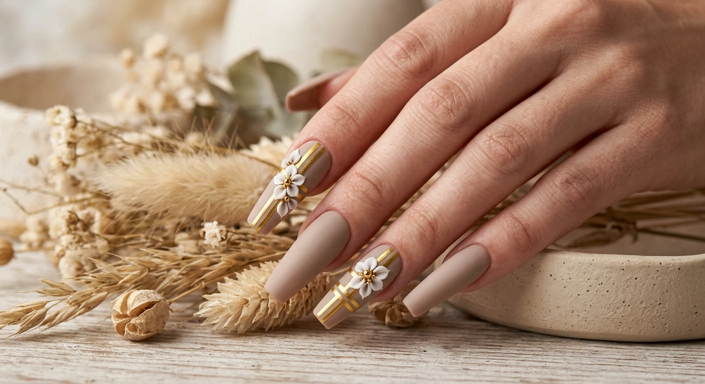 A beautiful macro photograph of one hand showing a striking nail design in detail. Long, sharp coffin nails coated in a fully opaque, cool-toned beige polish finished entirely with a velvet matte top coat. Bold, geometric metallic gold stripes intersect at sharp right angles on the thumb and ring finger. Emerging from the intersections of the gold lines are striking 3D sculpted botanical flowers. High-resolution, sharp focus on the nails. Aesthetic background featuring softly blurred dried neutral botanicals and matte beige ceramics. Modern, Instagram-worthy photography style. No faces visible, focus ONLY on the nails and hand., macro nail photography, high quality, Instagram-worthy, clean composition