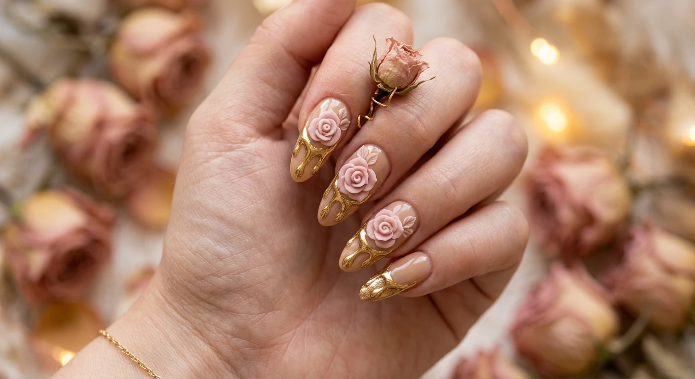 A beautiful macro photograph of one hand showing a nail design in detail: a warm beige beige base decorated with exquisitely sculpted 3D blush pink roses and striking dripping gold metallic accents cascading from the tips. High-resolution, sharp focus on the nails. The aesthetic background features softly blurred dried blush rose petals with warm, glowing bokeh. Modern, Instagram-worthy photography style, luxurious and rich. No faces visible, focus ONLY on the nails and hand., macro nail photography, high quality, Instagram-worthy, clean composition