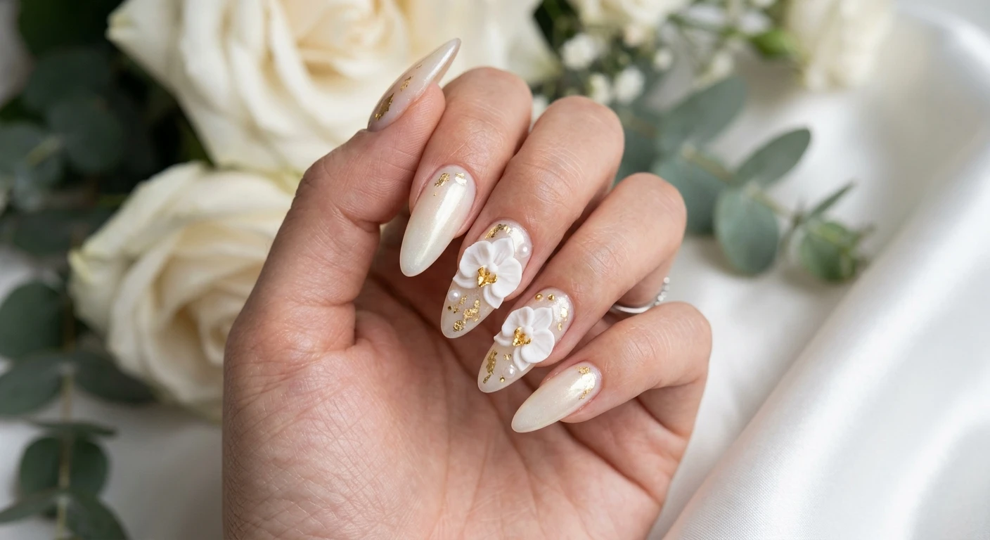 A beautiful macro photograph of one hand showing a nail design in detail, featuring a luminous, pearlescent milky cream gel base painted flawlessly over dramatic, long nails, adorned with bold 3D sculpted orchids and subtle gold foil touches. High-resolution, sharp focus on the nails. Aesthetic elegant background with blurred soft white petals and draped satin. Modern, Instagram-worthy photography style. No faces visible, focus ONLY on the nails and hand., macro nail photography, high quality, Instagram-worthy, clean composition
