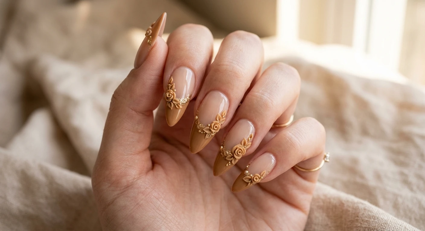 A beautiful macro photograph of one hand showing an intricate nail design in detail, featuring medium-length stiletto nails with a sheer, glossy beige base that transitions smoothly into a painted, warm tan French tip. Beautifully cascading 3D roses and subtle gold details are intricately sculpted along the deep smile line of the French tip, creating a gorgeous floral border between the sheer beige bed and the tip. High-resolution, sharp focus on the nails. Modern, Instagram-worthy photography style. The background features an aesthetic, soft-focus setting with warm beige linen and gentle sunlight. No faces visible, focus ONLY on the nails and hand., macro nail photography, high quality, Instagram-worthy, clean composition