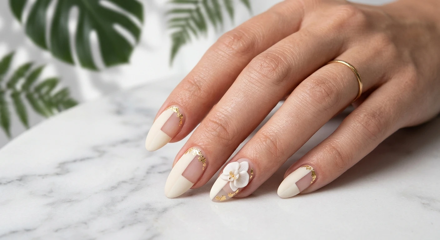 A beautiful macro photograph of one hand showing a detailed nail design. High-resolution, sharp focus on the nails featuring crisp geometric blocks of matte cream polish alongside sharp, rectangular negative space sections coated in a matte clear finish. Fine, genuine 24k gold leaf flakes are sparsely scattered at the cuticle line, complemented by sculpted 3D minimalist orchid embellishments. Modern, Instagram-worthy photography style. Aesthetic background featuring clean white marble and soft shadows from structural botanical leaves. No faces visible, focus ONLY on the nails and hand., macro nail photography, high quality, Instagram-worthy, clean composition