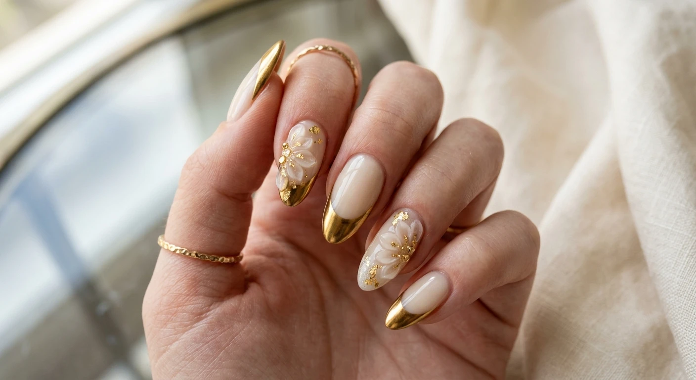 A beautiful macro photograph of one hand showing a nail design in detail, featuring medium-length almond nails with a sheer, milky cream base. The tips display deep, sweeping metallic gold chrome French smiles, complemented by raised, slightly translucent flower petals cascading asymmetrically down the right side of the index and ring fingers with tiny authentic gold leaf accents. High-resolution, sharp focus on the nails. Modern, Instagram-worthy photography style. Aesthetic background of reflective glass and soft cream linen. No faces visible, focus ONLY on the nails and hand., macro nail photography, high quality, Instagram-worthy, clean composition