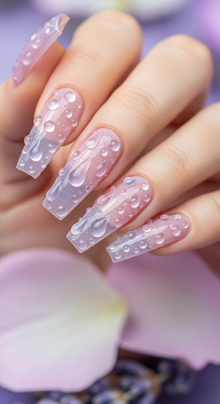 A beautiful macro photograph of one hand showing a Lavender Crystal Raindrops nail design in detail. The nails are sculpted into a long coffin shape with a sheer pastel purple jelly base that resembles light lavender sea glass. The glassy, high-gloss base is organically adorned with varying sizes of clear, 3D gel droplets that look exactly like fresh morning raindrops. High-resolution, sharp focus on the nails. Aesthetic background featuring out-of-focus soft lavender petals and dewy botanical elements. Modern, Instagram-worthy photography style. No faces visible, focus ONLY on the nails and hand., macro nail photography, high quality, Instagram-worthy, clean composition