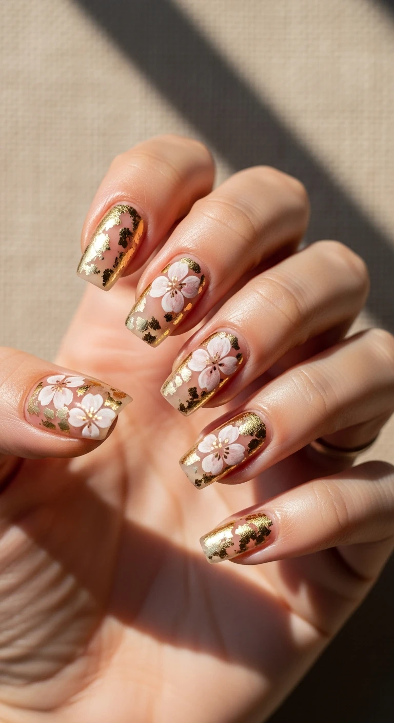 A beautiful macro photograph of one hand showing a minimalist sand and gold foil bloom nail design in detail. The nails feature a sheer, matte sand-toned neutral base decorated with delicate cherry blossom petals crafted from tiny pieces of real gold foil. High-resolution, sharp focus on the shimmering metallic nail details. The aesthetic background consists of textured beige linen with warm, modern sunlight casting gentle shadows. Modern, Instagram-worthy photography style. No faces visible, focus ONLY on the nails and hand., macro nail photography, high quality, Instagram-worthy, clean composition
