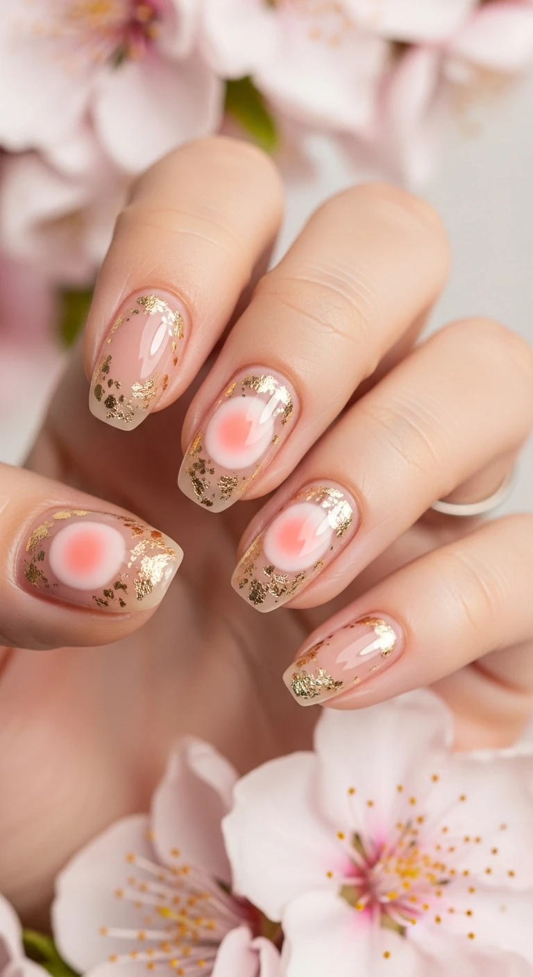 A beautiful macro photograph of one hand showing a nail design in detail, featuring elegantly shaped short oval nails. The polish features a translucent sand-toned base with a concentrated pop of soft pastel peach softly diffused in the center of the nail, mimicking a soft cheek blush, finished with delicate, scattered gold foil flakes. The hand is positioned against an aesthetic background of softly blurred, fresh peach blossoms. High-resolution, sharp focus on the nails, modern, Instagram-worthy photography style. No faces visible, focus ONLY on the nails and hand., macro nail photography, high quality, Instagram-worthy, clean composition
