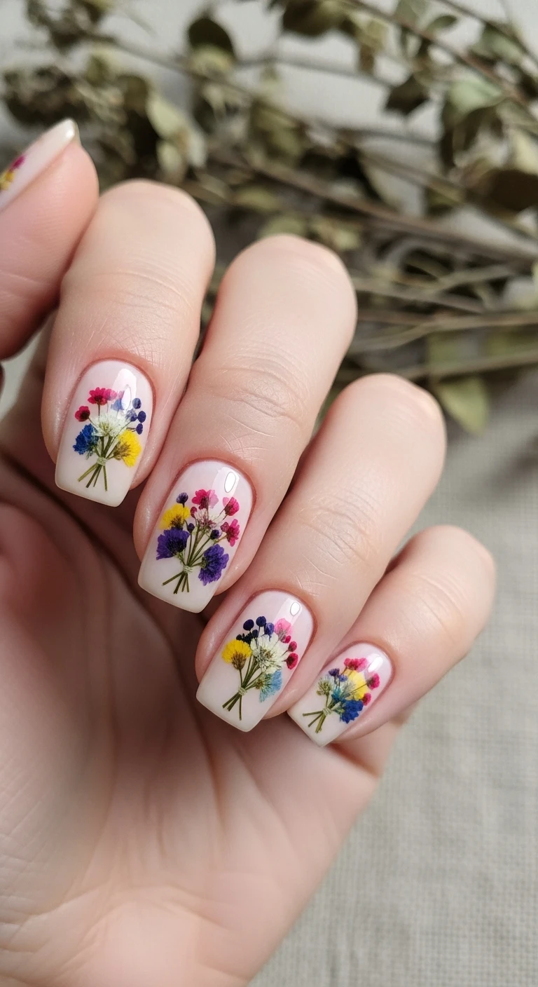 A beautiful macro photograph of one hand showing a pressed wildflower bouquet nail design in detail. The nails feature a creamy, flawless neutral base encapsulating tiny, colorful, realistic dried wildflowers arranged in miniature bouquets. High-resolution, sharp focus on the nails. Aesthetic background of textured organic linen and softly out-of-focus rustic botanical sprigs. Modern, Instagram-worthy photography style. No faces visible, focus ONLY on the nails and hand., macro nail photography, high quality, Instagram-worthy, clean composition