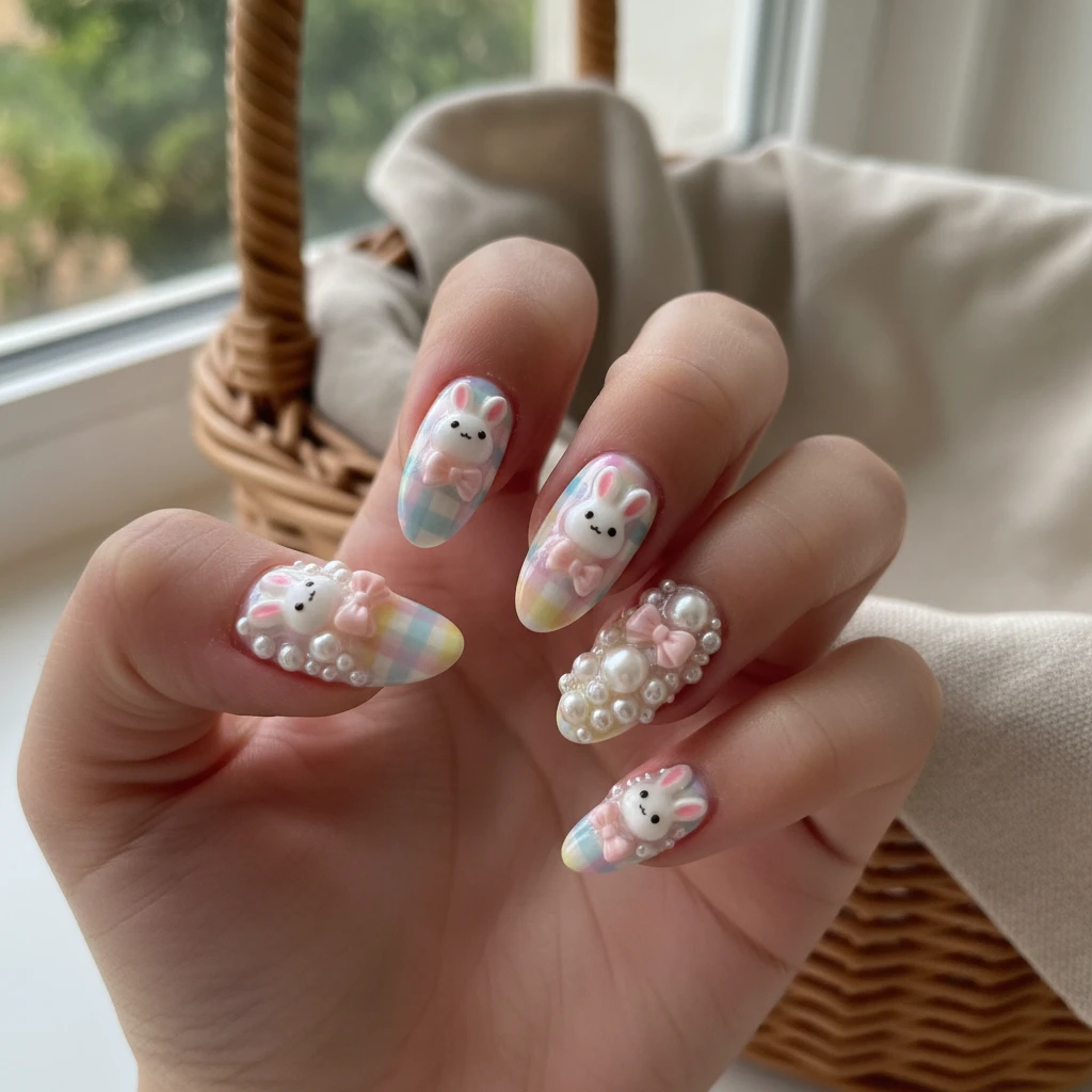 A beautiful macro photograph of one hand showing a detailed nail design featuring pastel gingham picnic check patterns, heavily embellished with extravagant 3D bunny charms, tiny bows, and pearls. High-resolution, sharp focus on the nails. Aesthetic background of a softly blurred woven picnic basket and textured linen cloth. Modern, Instagram-worthy photography style. No faces visible, focus ONLY on the nails and hand., macro nail photography, high quality, Instagram-worthy, clean composition