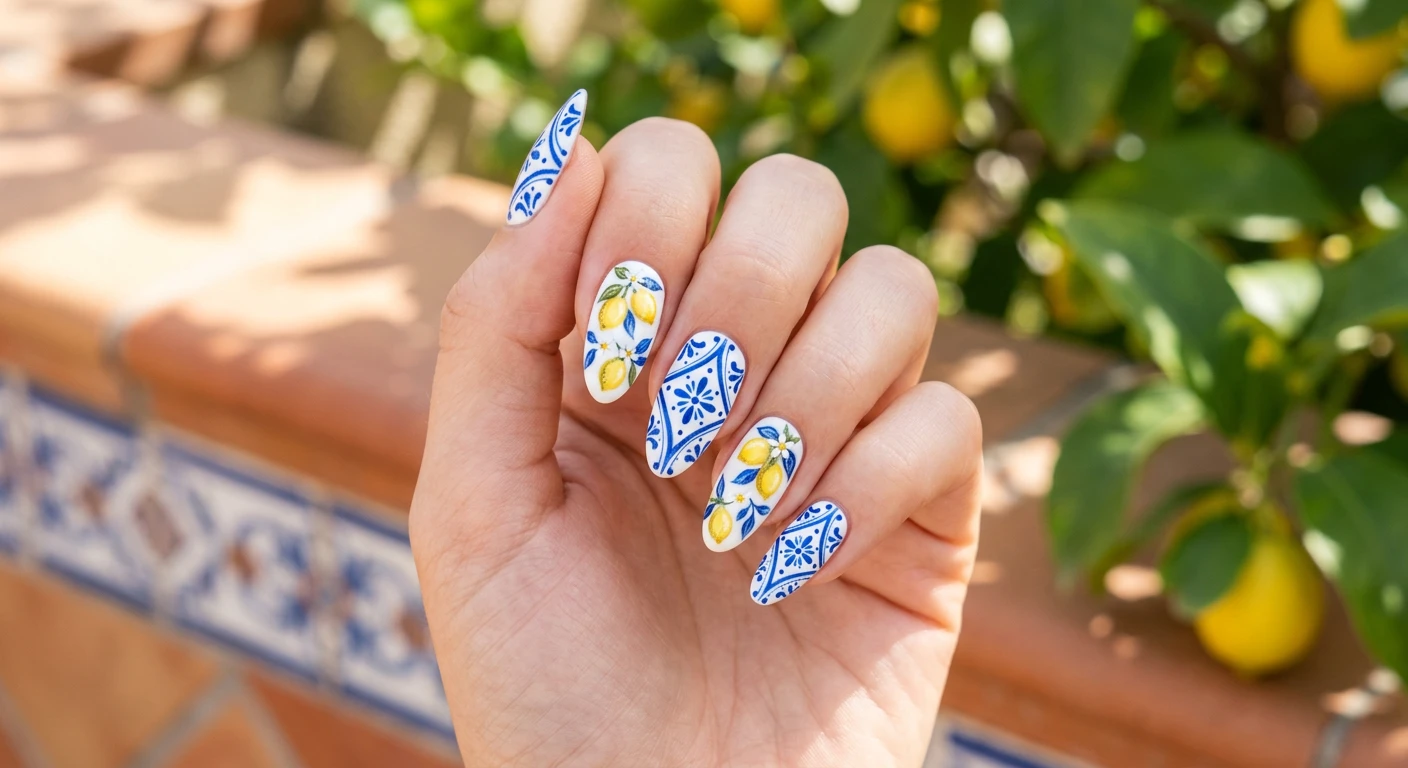 A beautiful macro photograph of one hand showing a detailed nail design. The manicure features a crisp white base coat with intricate cobalt blue Mediterranean geometric tile patterns on alternating nails, paired with detailed miniature yellow lemons and tiny white blossom flowers on the remaining nails. High-resolution, sharp focus on the nails. The aesthetic background features blurred ceramic tiles and lemon tree leaves. Modern, Instagram-worthy photography style. No faces visible, focus ONLY on the nails and hand., macro nail photography, high quality, Instagram-worthy, clean composition
