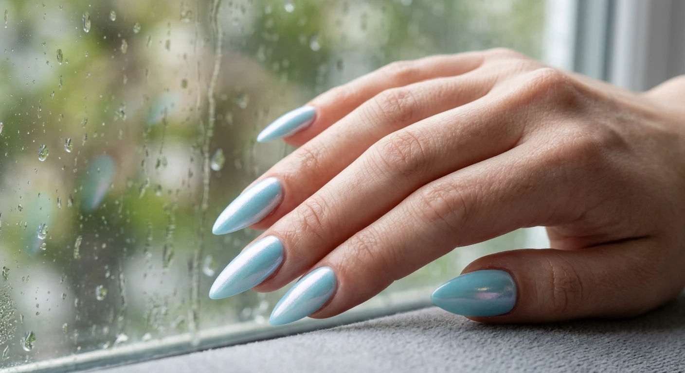 A beautiful macro photograph of one hand showing a nail design in detail, featuring medium-length, sharp stiletto-shaped nails. The nails feature a solid, opaque robin's egg blue base topped with a flawlessly rubbed iridescent pearl chrome powder, creating a frosty, shimmering, color-shifting glazed donut sheen with no extra linework. High-resolution, sharp focus on the nails. Aesthetic background of rain-speckled window glass reflecting soft spring light. Modern, Instagram-worthy photography style. No faces visible, focus ONLY on the nails and hand., macro nail photography, high quality, Instagram-worthy, clean composition