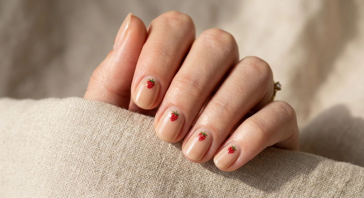 A beautiful macro photograph of one hand showing a nail design in detail, featuring short, natural round shaped nails with a flawless, sheer sand-toned beige base color. Every nail has a single, ultra-microscopic painted red strawberry placed minimally near the cuticle area, sealed with an ultra-glossy top coat for a pristine, clean aesthetic. High-resolution, sharp focus on the nails. Aesthetic minimalistic background of smooth beige linen and soft, warm sunlight shadows. Modern, Instagram-worthy photography style. No faces visible, focus solely on the nails and hand., macro nail photography, high quality, Instagram-worthy, clean composition