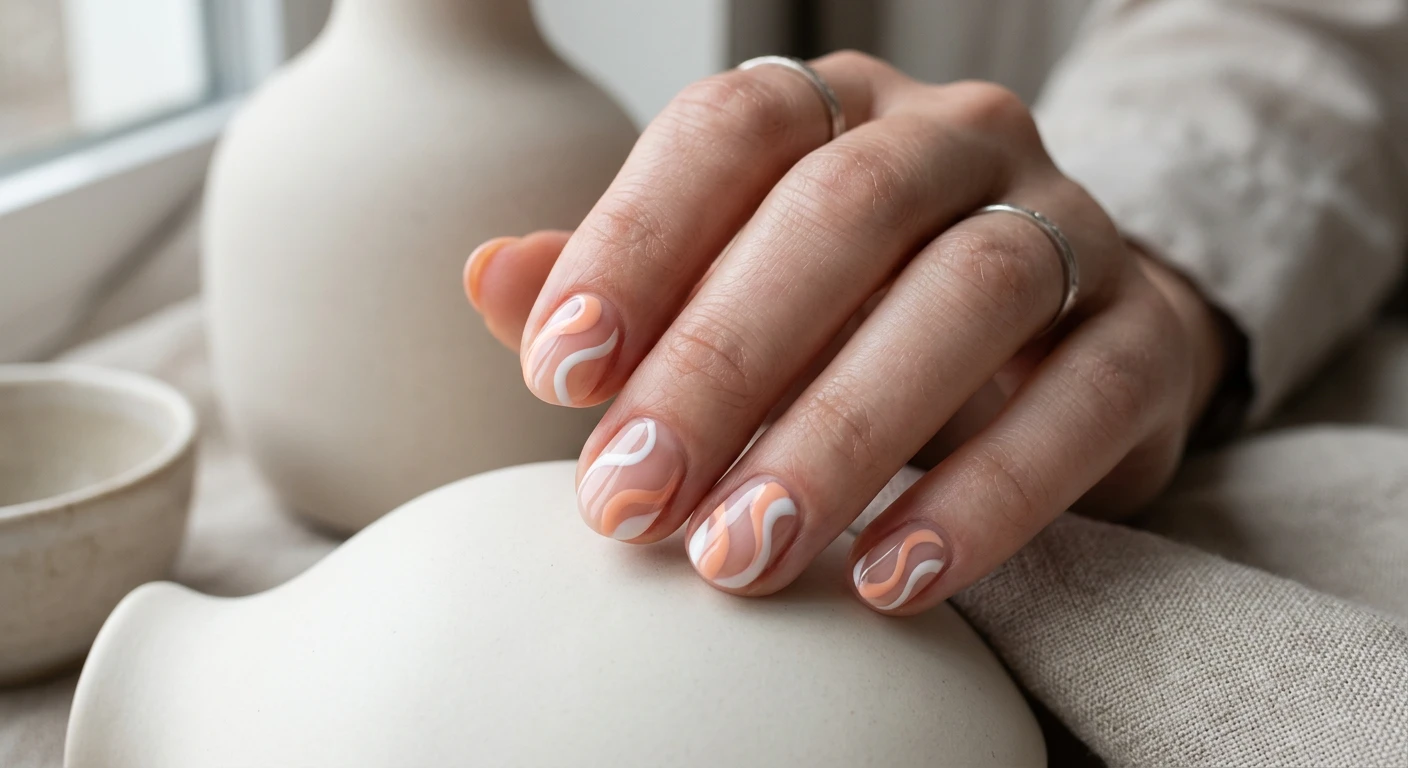 A beautiful macro photograph of one hand showing a nail design in detail, featuring short round natural nails with a clear, glossy base, highlighted by thick, flowing abstract swirls in soft peach and contrasting bright white polish dancing across the nail beds in asymmetric patterns. High-resolution, sharp focus on the nails, set against an aesthetic minimalist background of smooth matte ceramic textures. Modern, Instagram-worthy photography style, no faces visible, focus only on the nails and hand., macro nail photography, high quality, Instagram-worthy, clean composition