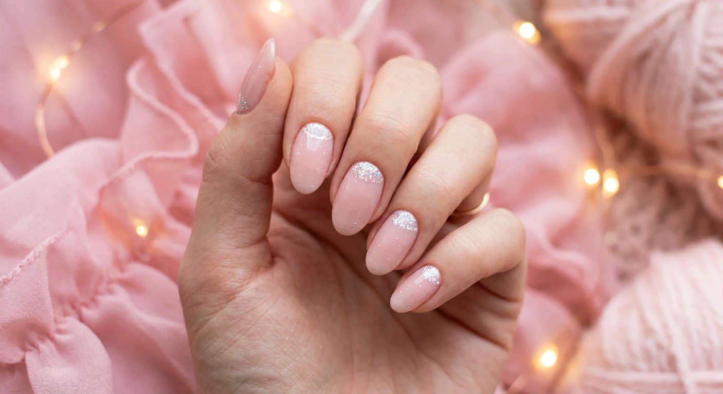 A beautiful macro photograph of one hand showing a flawless nail design in detail, no faces visible. Medium-length oval nails painted with a semi-translucent blush pink soft gel base for a natural look. Every single nail features a delicate, precise half-moon design hugging the cuticle line, meticulously painted using finely milled iridescent fairy dust glitter. High-resolution, sharp focus on the nails. Modern, Instagram-worthy photography style, set against an aesthetic background of ethereal pink chiffon and soft glowing fairy lights., macro nail photography, high quality, Instagram-worthy, clean composition