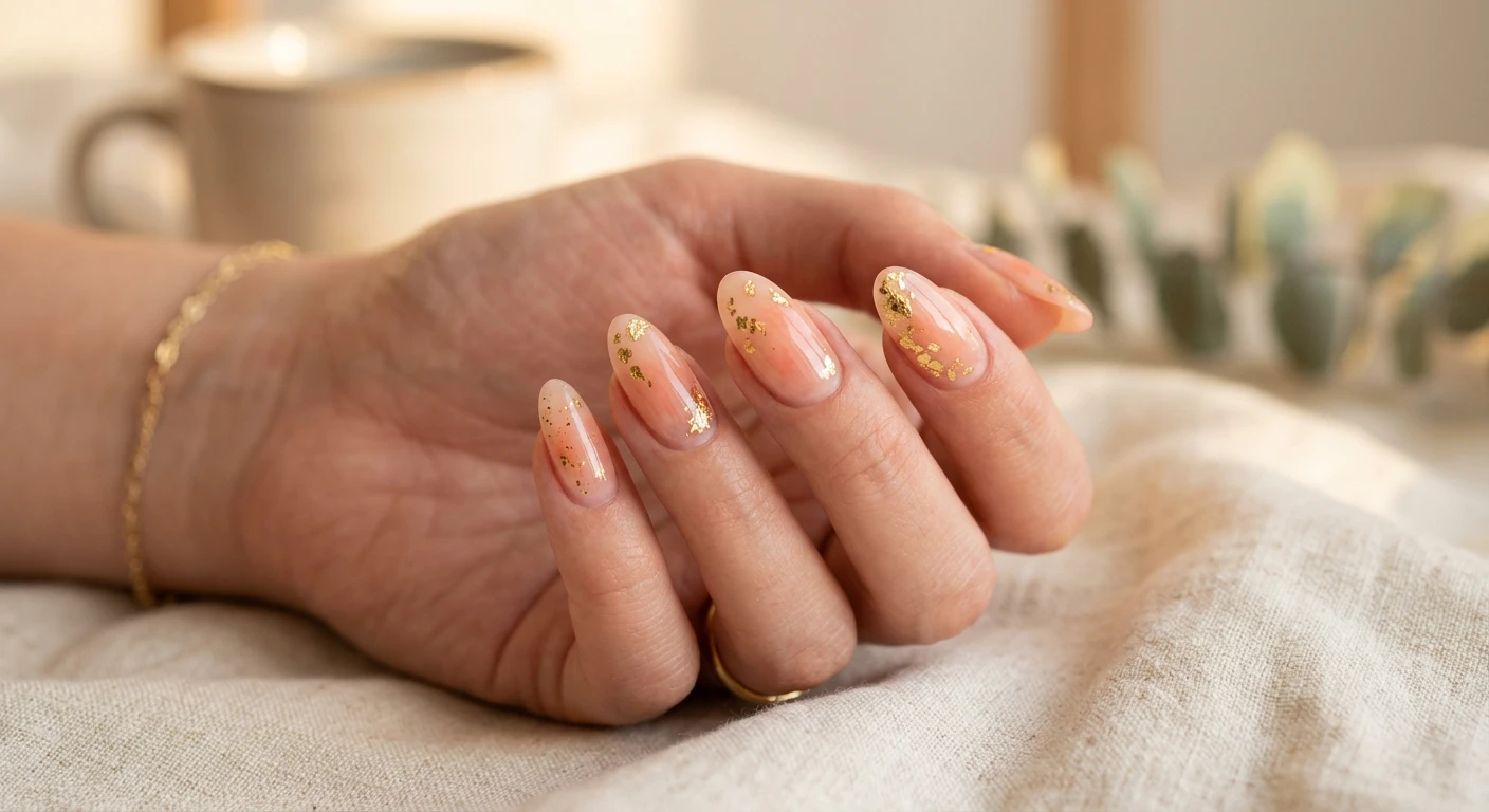 A beautiful macro photograph of one hand showing a nail design in detail, featuring an ultra-sheer, watercolor-like peach base decorated with microscopic, irregular pieces of genuine gold leaf applied sparingly and asymmetrically. High-resolution, sharp focus on the nails. The aesthetic background showcases a soft, warmly lit linen texture mimicking a diffused sunset glow. Modern, Instagram-worthy photography style. No faces visible, focus ONLY on the nails and hand., macro nail photography, high quality, Instagram-worthy, clean composition