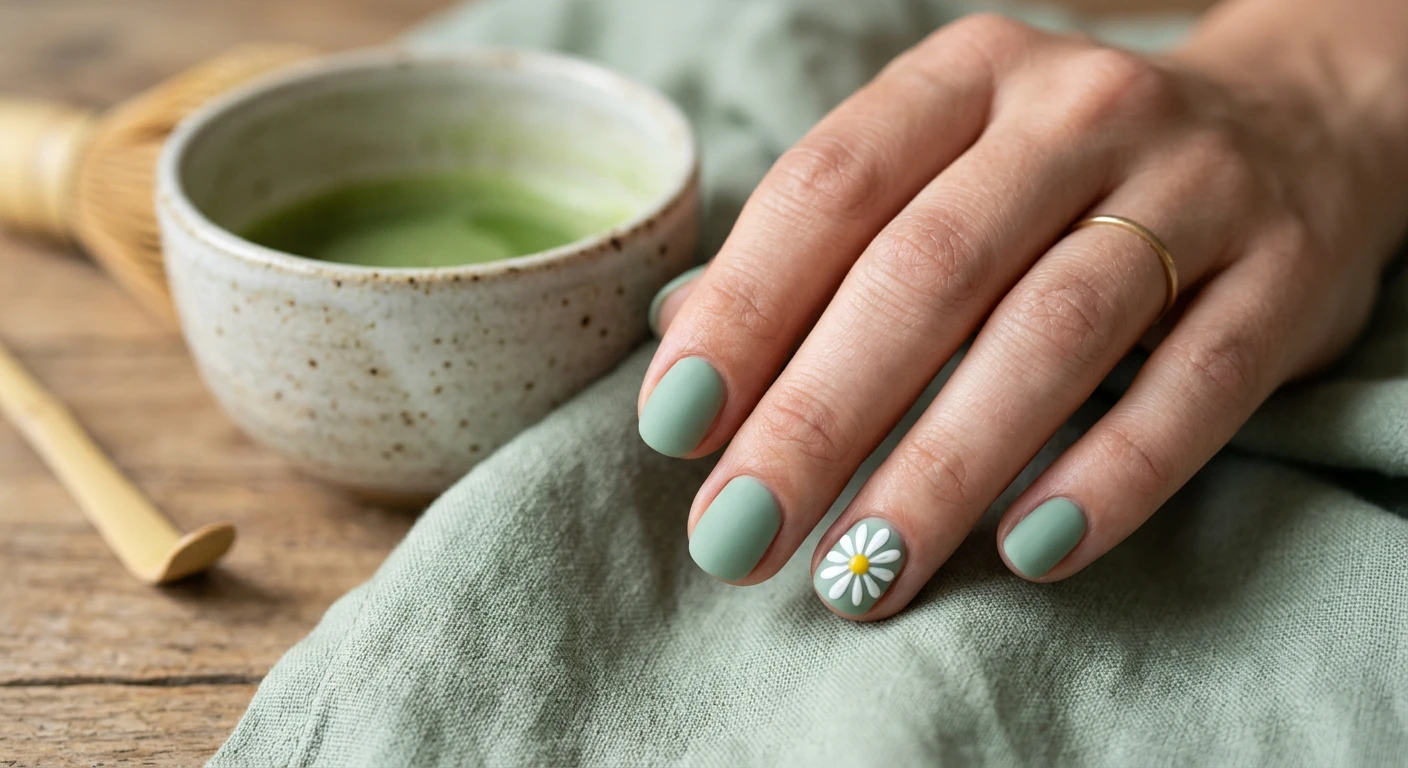 A beautiful macro photograph of one hand showing a nail design in detail, featuring short, natural round nails painted with a muted, earthy mint green polish in a flat, frosted matte finish. The design includes one accent nail highlighting a meticulous, minimalist hand-painted white daisy with a tiny yellow center near the cuticle line. High-resolution, sharp focus on the nails. Aesthetic background consisting of soft textured green linen and a subtle ceramic matcha bowl. Modern, Instagram-worthy photography style. No faces visible, focus ONLY on the nails and hand., macro nail photography, high quality, Instagram-worthy, clean composition