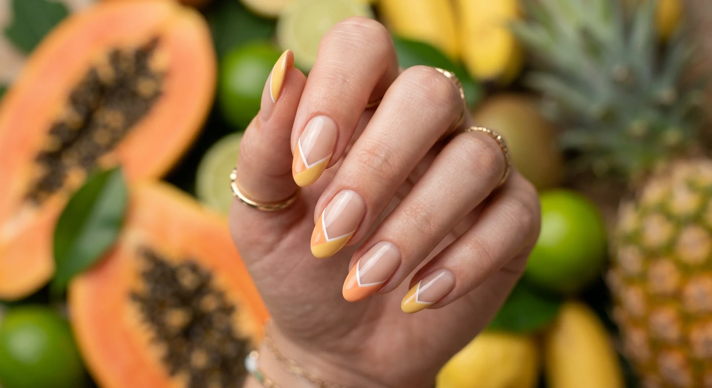 A beautiful macro photograph of one hand showing a Pastel Papaya Geometric French nail design in detail. The nails feature a sheer, flawless sand-colored neutral base with asymmetrical, deep diagonal French tips. The geometric tips are vividly color-blocked using soft pastel papaya orange and creamy, muted mango yellow, separated by an incredibly thin, crisp line. High-resolution, sharp focus on the nails. The hand is posed against an aesthetic background of softly blurred fresh papaya and tropical fruits. Modern, Instagram-worthy photography style. No faces visible, focus ONLY on the nails and hand., macro nail photography, high quality, Instagram-worthy, clean composition