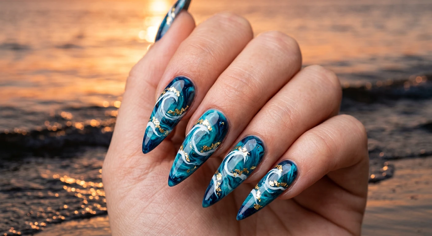 A beautiful macro photograph of one hand showing a nail design in detail. Long stiletto-shaped nails feature a rich navy blue and vibrant turquoise marbled base resembling deep, mysterious ocean water. Flakes of metallic gold foil are strategically scattered along crisp white, hand-painted wave crests beneath a thick, glassy top coat. The background is an aesthetic golden hour glow reflecting off dark sparkling ocean waters. High-resolution, sharp focus on the nails, modern Instagram-worthy photography style, no faces visible., macro nail photography, high quality, Instagram-worthy, clean composition