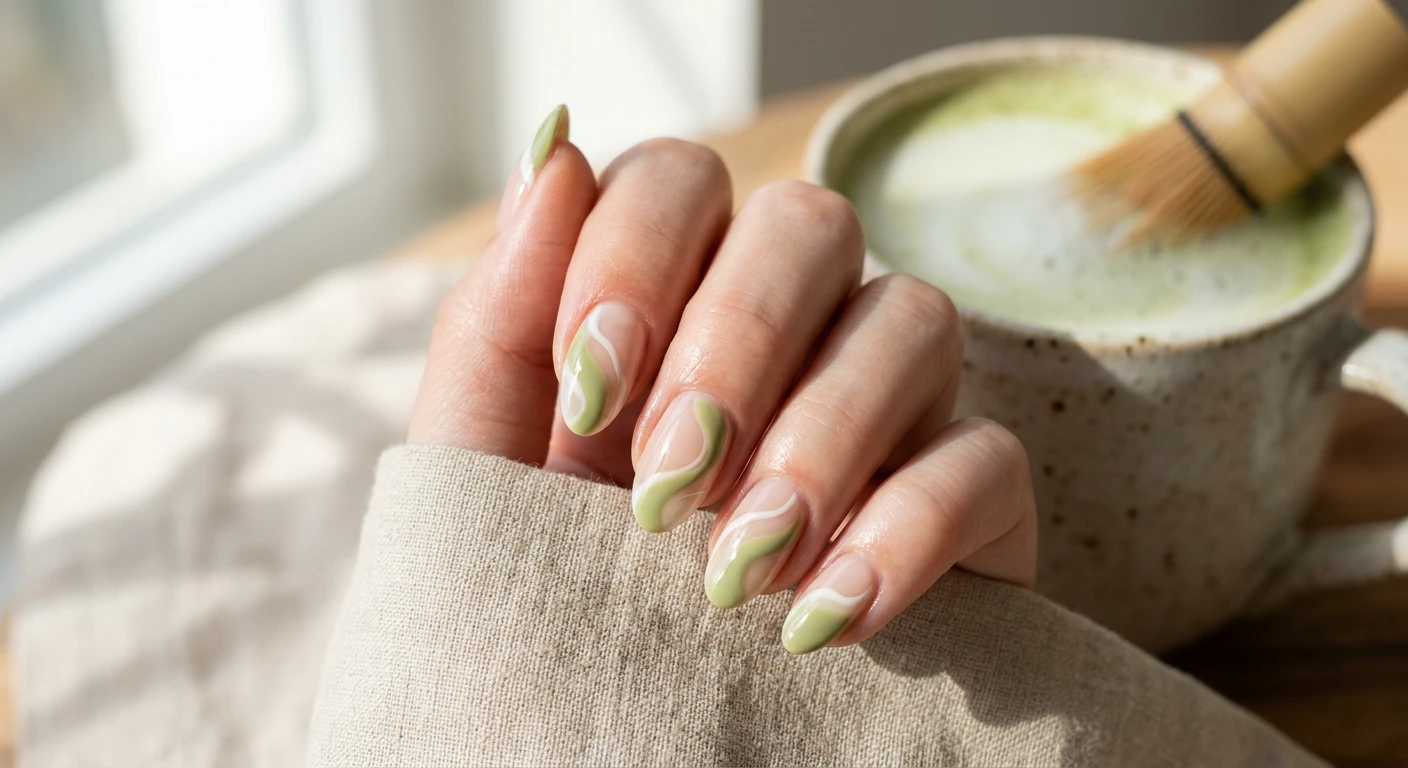 A beautiful macro photograph of one hand showing a Matcha Latte Abstract Wiggles nail design in detail. The nails feature minimalist, flowing waves of creamy, earthy pastel green polish over a pristine, high-shine bare nail base. High-resolution, sharp focus on the nails. The aesthetic background consists of a clean, minimalist setting with soft morning sunlight casting organic shadows and a softly blurred matcha bowl in the distance. Modern, Instagram-worthy photography style. No faces visible, focus ONLY on the nails and hand., macro nail photography, high quality, Instagram-worthy, clean composition