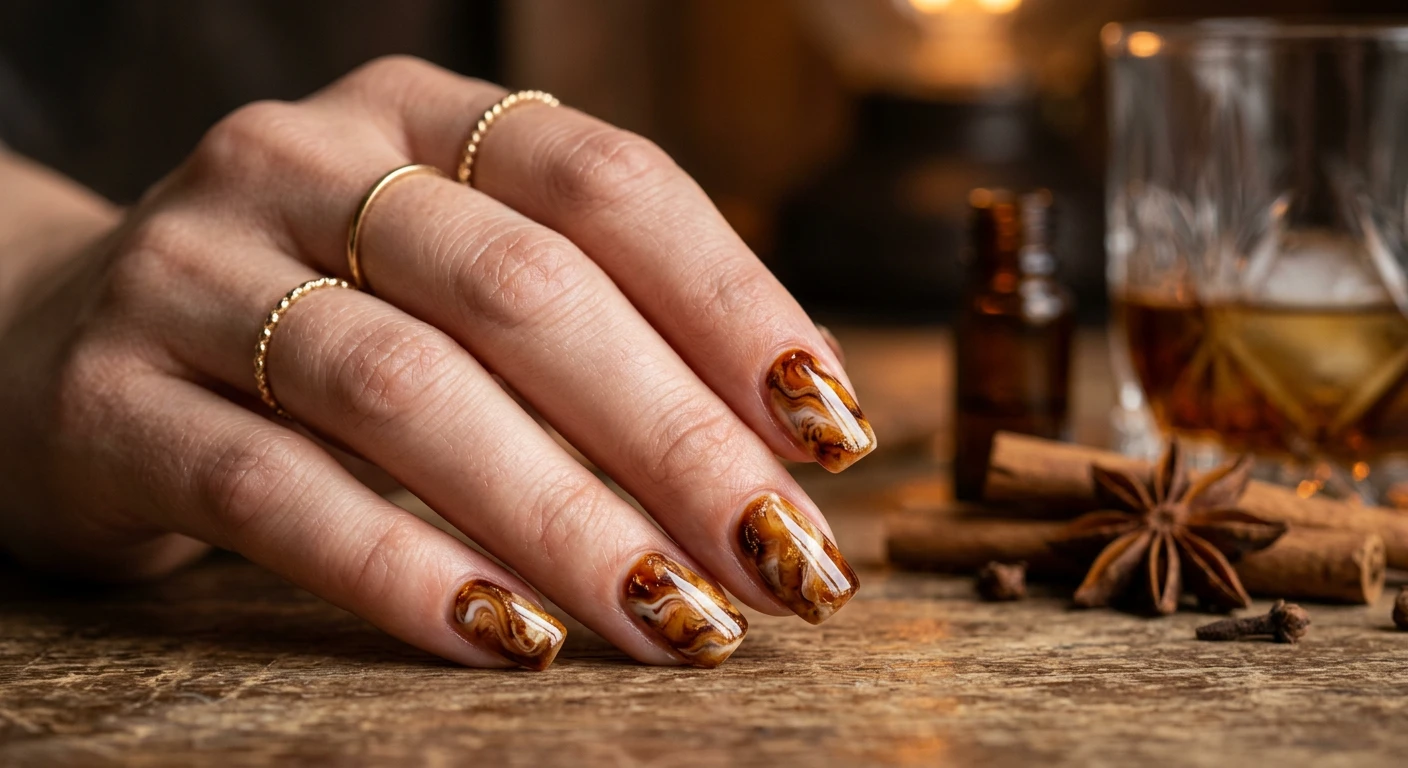 A beautiful macro photograph of one hand showing a Spiced Rum and Coconut Marble nail design in detail, featuring a rich, glossy marble pattern swirling with deep amber, warm spiced brown, and creamy coconut white. High-resolution, sharp focus on the nails. Aesthetic background of blurred cinnamon sticks, star anise, and a crystal rum tumbler. Modern, Instagram-worthy photography style, moody and warm lighting. No faces visible, focus ONLY on the nails and hand., macro nail photography, high quality, Instagram-worthy, clean composition