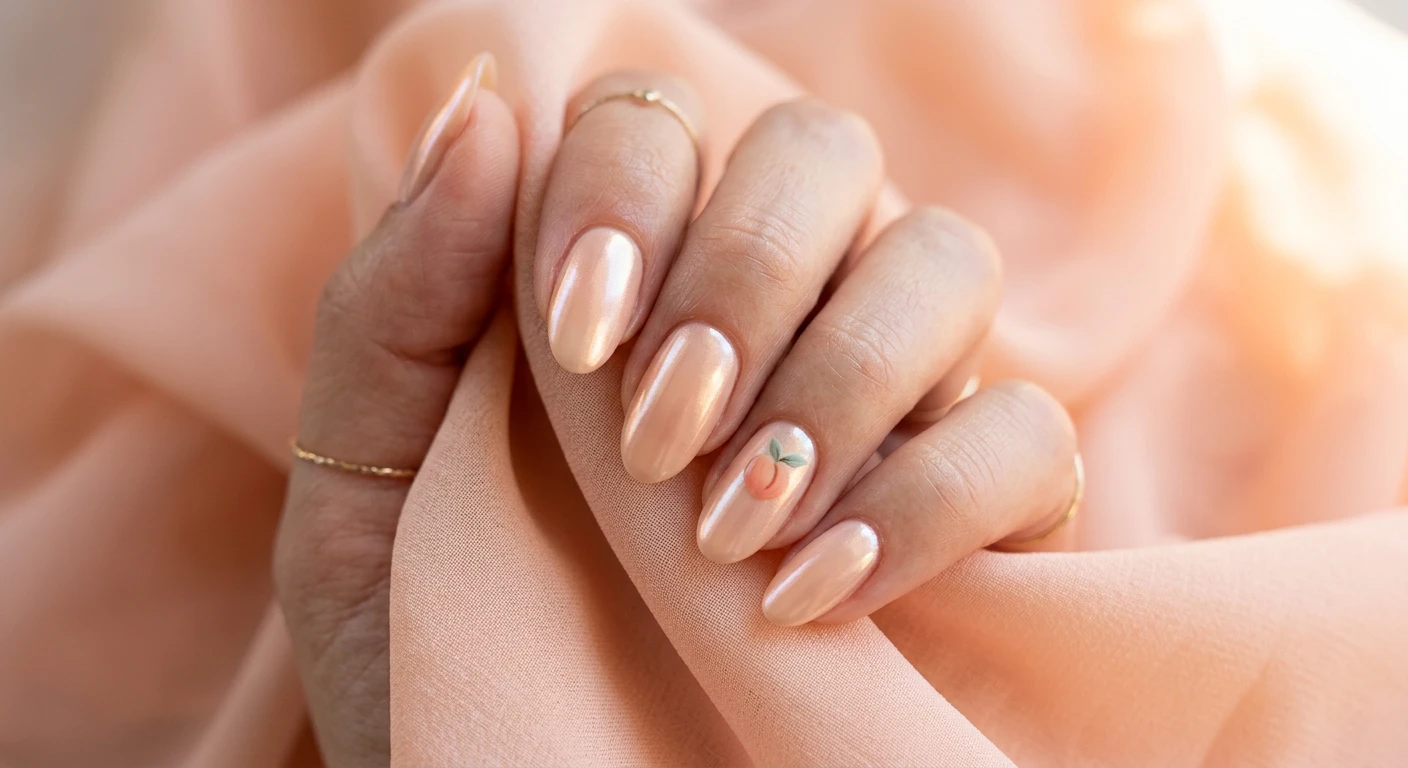 A beautiful macro photograph of one hand showing a nail design in detail. Medium oval nails coated in a sheer, milky peach base color, finished with a fine, iridescent pearl chrome powder to create a luminous, glazed donut effect. A tiny, minimalist peach fruit with two small sage green leaves is painted near the cuticle of the ring finger for a subtle pop of art. High-resolution, sharp focus on the nails. Aesthetic background featuring softly draped peach chiffon fabric and warm, glowing light. Modern, Instagram-worthy photography style. No faces visible, focus ONLY on the nails and hand., macro nail photography, high quality, Instagram-worthy, clean composition