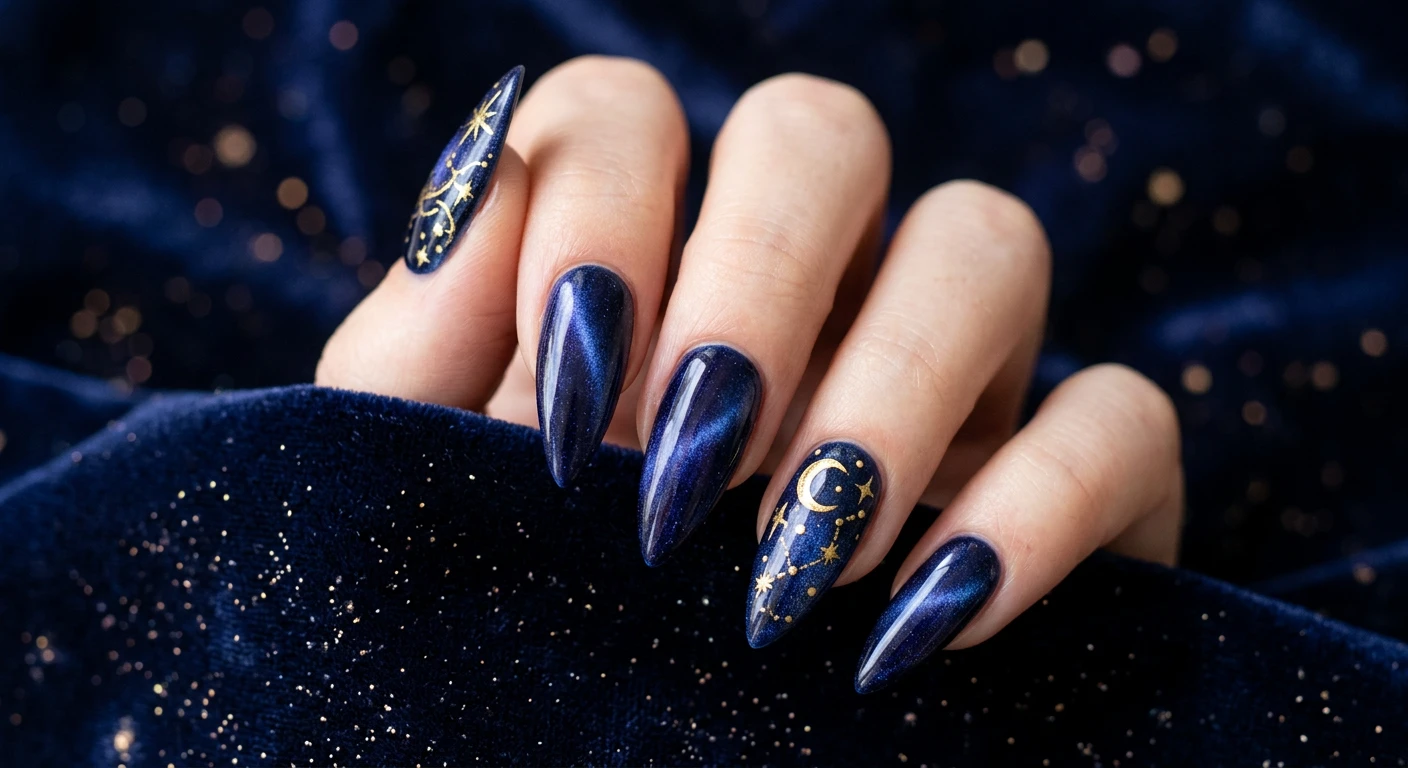 A beautiful macro photograph of one hand showing a nail design in detail. Sharp, medium-length stiletto nails painted with a deep, galaxy-inspired navy blue magnetic polish manipulated to create an ultra-plush, crushed velvet texture that glows from within. The ring finger and thumb accents feature incredibly fine, hand-painted gold celestial details. High-resolution, sharp focus on the nails. Aesthetic background of dark navy silk velvet and subtle stardust bokeh. Modern, Instagram-worthy photography style. No faces visible, focus ONLY on the nails and hand., macro nail photography, high quality, Instagram-worthy, clean composition