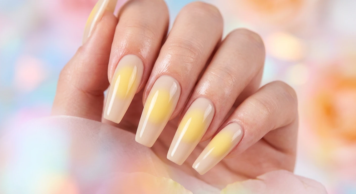 A beautiful macro photograph of one hand showing a nail design in detail. Long coffin shape nails featuring a smooth, milky beige base color. In the center of each nail is a soft, diffused, airbrushed circle of butter yellow that fades seamlessly outward into the beige, creating a glowing aura effect. Smooth, flawless gradient sealed with a glossy top coat. Aesthetic background of dreamy, soft-focus pastel gradient lighting. High-resolution, sharp focus on the nails, modern Instagram-worthy photography style, no faces visible, focus ONLY on the nails and hand., macro nail photography, high quality, Instagram-worthy, clean composition