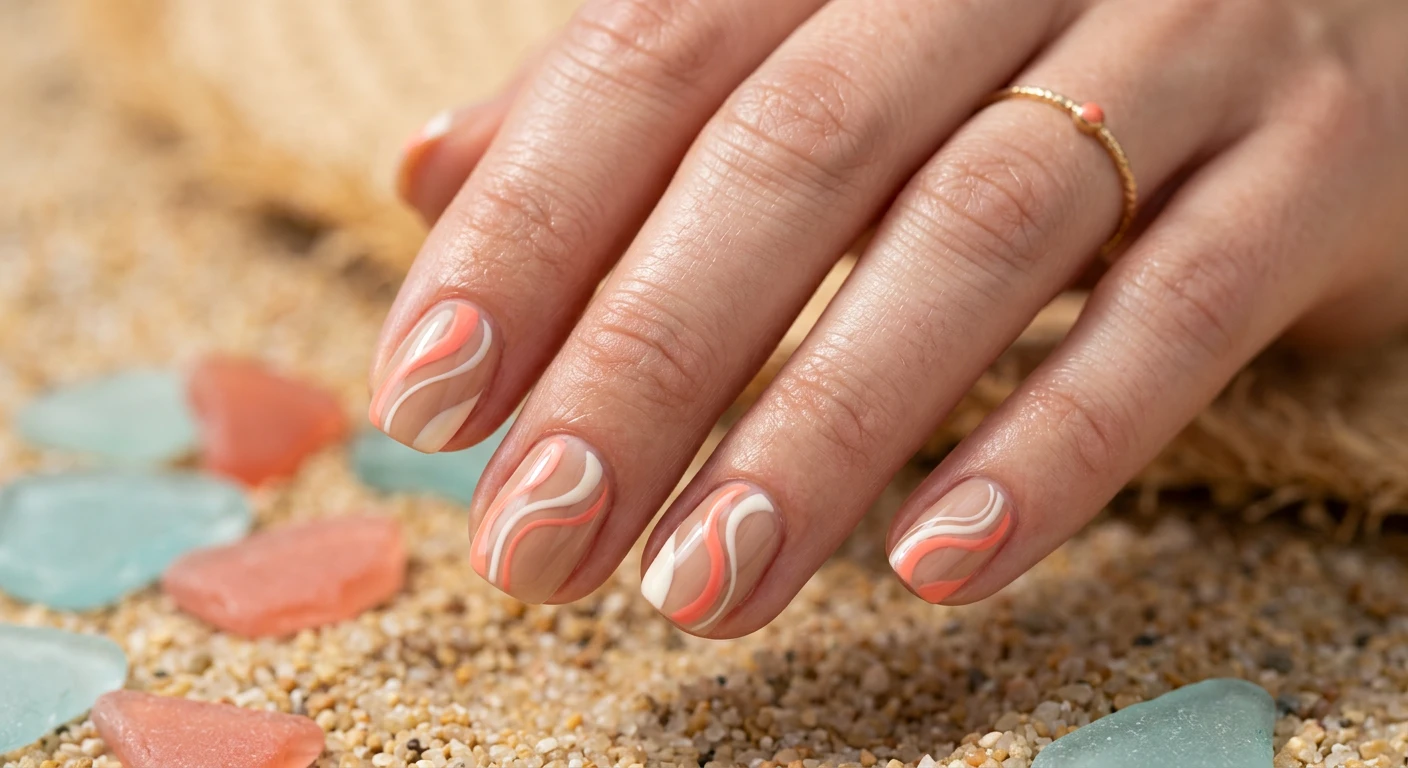 A beautiful macro photograph of one hand showing a nail design in detail, featuring a glossy, sheer neutral tan base decorated with flowing, organic swirls in vibrant soft coral and creamy white. The varying thick and thin swirls curve elegantly across the nail plates, leaving deliberate negative space. High-resolution, sharp focus on the nails. Aesthetic background of warm, blurred beach sand and smooth coral sea glass. Modern, Instagram-worthy photography style. No faces visible, focus ONLY on the nails and hand., macro nail photography, high quality, Instagram-worthy, clean composition