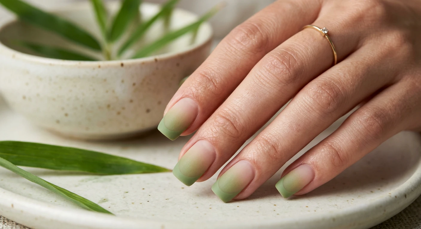 A beautiful macro photograph of one hand showing a Gradient Matcha Matte French nail design in detail. The nails feature a velvety matte finish, showcasing a seamless gradient that fades from a natural nail bed into a soft, earthy matcha green French tip. High-resolution, sharp focus on the nails. The aesthetic background consists of a blurred, minimalist ceramic bowl and soft green bamboo leaves. Clean, modern, Instagram-worthy photography style. No faces visible, focus ONLY on the nails and hand., macro nail photography, high quality, Instagram-worthy, clean composition