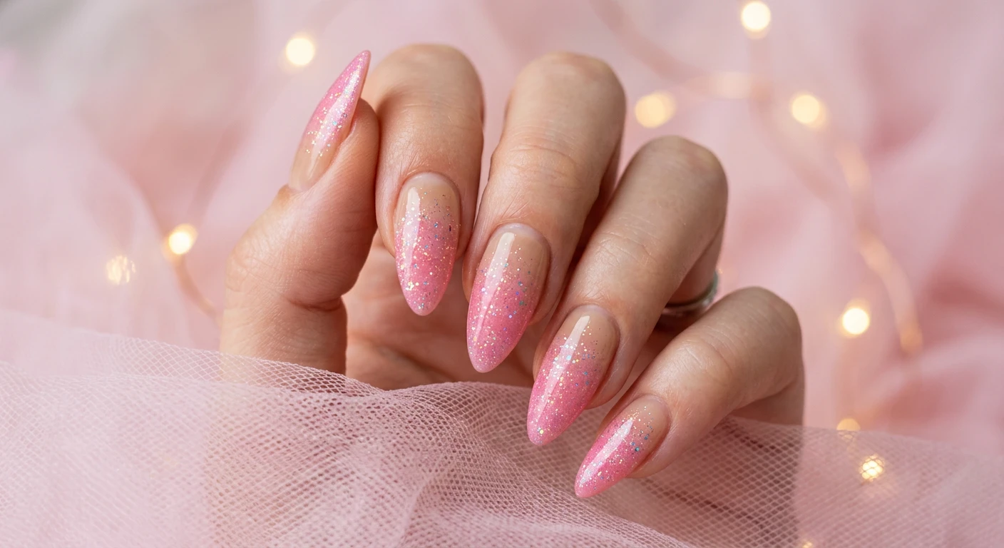 A beautiful macro photograph of one hand showing a blushing pink ombre nail design in detail. Medium-length stiletto nails with slightly rounded points. A seamless ombre technique fades from a sheer tan color at the cuticles into a vibrant, blooming blush pink at the tips. Scattered randomly over the entire nail surface is a magical dusting of iridescent, multi-colored fairy glitter. High-resolution, sharp focus on the nails. Aesthetic background of soft pink tulle and glowing, ethereal fairy light bokeh. Modern, Instagram-worthy photography style. No faces visible, focus ONLY on the nails and hand., macro nail photography, high quality, Instagram-worthy, clean composition
