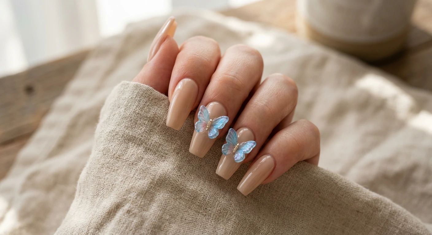 A beautiful macro photograph of one hand showing a nail design in detail, featuring a flawless, sheer sand-toned beige base with a glossy finish on medium-length coffin nails. The middle and ring fingers are adorned with slightly raised, translucent 3D acrylic butterfly charms in a pale iridescent blue. High-resolution, sharp focus on the nails. Aesthetic, minimalist background featuring warm textured linen and soft morning shadows. Modern, Instagram-worthy photography style. No faces visible, focus ONLY on the nails and hand., macro nail photography, high quality, Instagram-worthy, clean composition