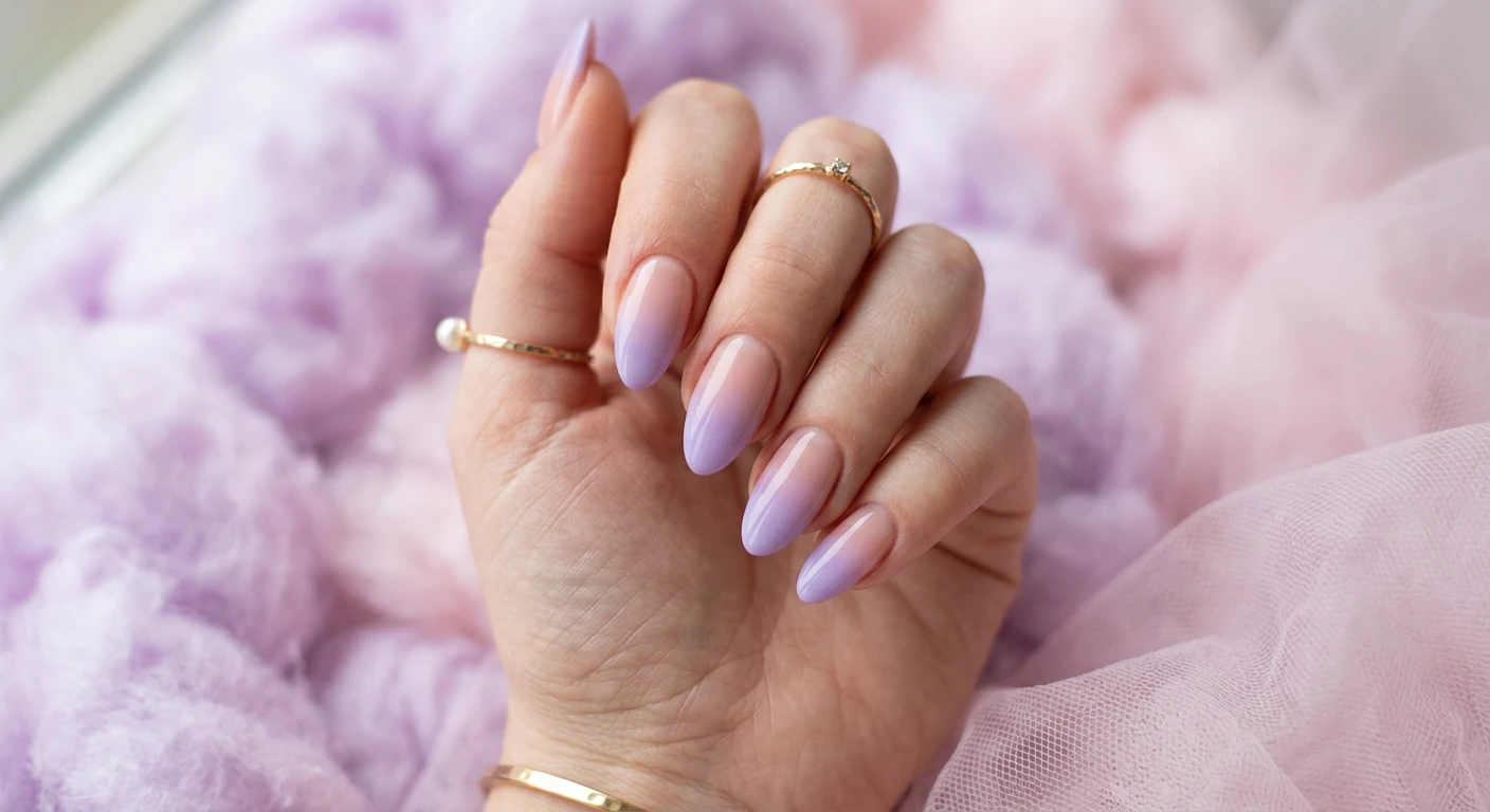 A beautiful macro photograph of one hand showing a dreamy lavender ombré fade nail design in detail, blending seamlessly from a natural pinkish-beige at the cuticle to a soft, pastel lavender at the tips. High-resolution, sharp focus on the smooth nail gradient. Aesthetic background of fluffy, light purple and pink pastel cotton or soft tulle. Modern, Instagram-worthy photography style, ethereal lighting. No faces visible, focus ONLY on the nails and hand., macro nail photography, high quality, Instagram-worthy, clean composition