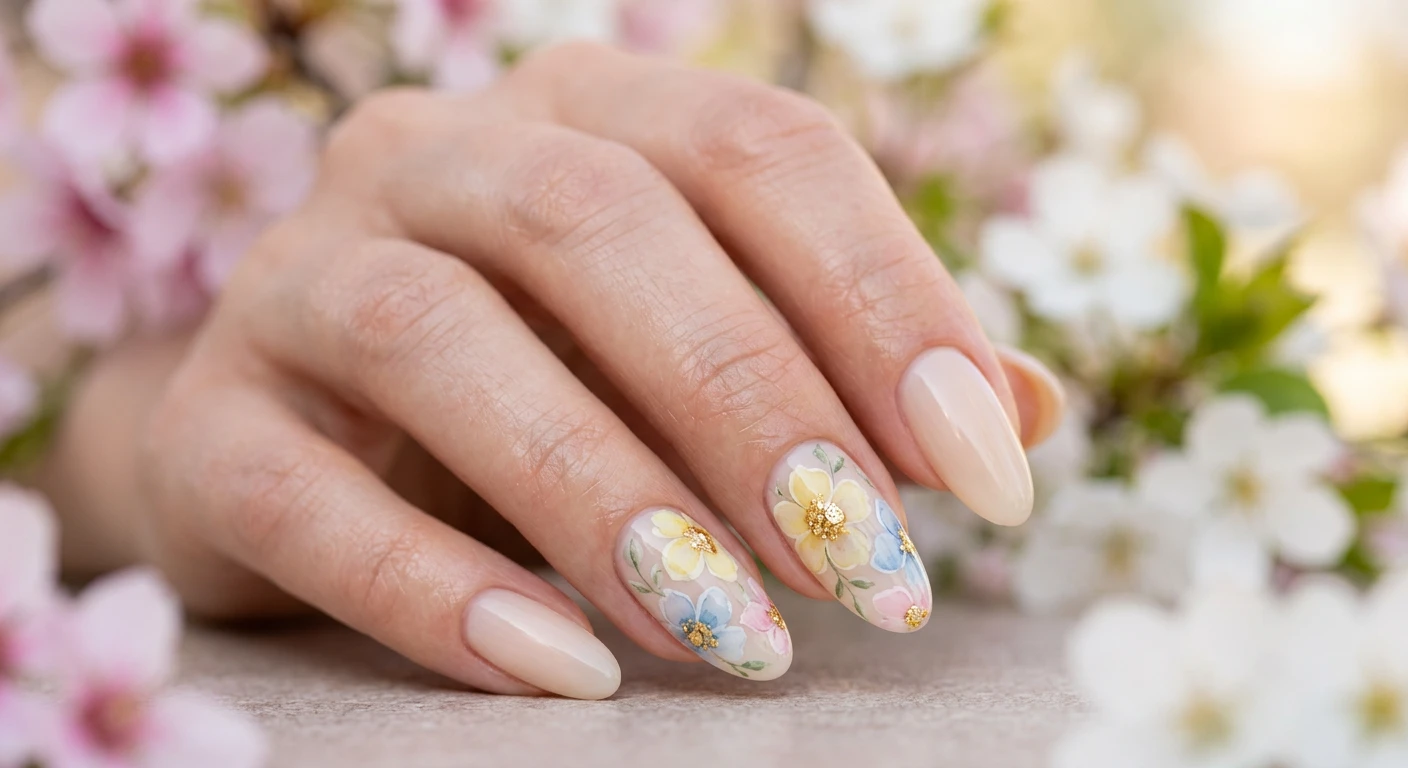 A beautiful macro photograph of one hand showing a nail design in detail, featuring long oval nails with a soft, sheer beige background. Two accent nails feature hand-painted, translucent watercolor flowers in soft butter yellow, baby blue, and pale pink, with a small, textured crushed gold foil embellishment in the center of each delicate petal. High-resolution, sharp focus on the nails, set against an aesthetic background of blurred spring blossoms and soft pastel lighting. Modern, Instagram-worthy photography style. No faces visible, focus ONLY on the nails and hand., macro nail photography, high quality, Instagram-worthy, clean composition