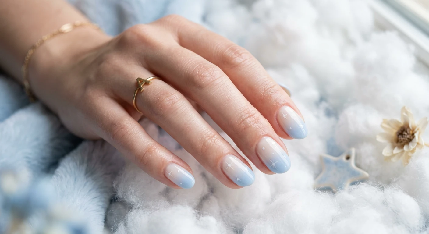 A beautiful macro photograph of one hand showing a nail design in detail, featuring a dreamy ombre starting with a translucent soft cream base blending into a powdery pastel baby blue at the tips. The nails are a short, natural oval shape with an extremely glossy finish and subtle, hand-drawn white starbursts scattered across the design. High-resolution, sharp focus on the nails. Aesthetic background of fluffy, cloud-like white cotton and soft blue lighting. Modern, Instagram-worthy photography style. No faces visible, focus ONLY on the nails and hand., macro nail photography, high quality, Instagram-worthy, clean composition