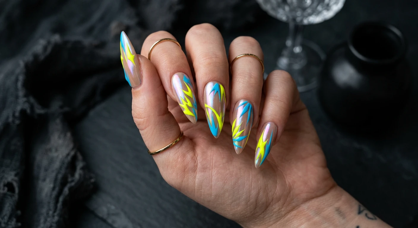 A beautiful macro photograph of one hand showing a nail design in detail, featuring long stiletto nails with a glazed, iridescent pearl chrome base over a soft tan polish. Painted directly over the metallic chrome are sharp, jagged, abstract graphic petals in electric neon yellow and bright cyan blue, applied with thick, textured heavy gel paste strokes. High-resolution, sharp focus on the nails. Modern, Instagram-worthy photography style against an aesthetic dark, edgy background with subtle moody lighting. No faces visible, focus ONLY on the nails and hand., macro nail photography, high quality, Instagram-worthy, clean composition