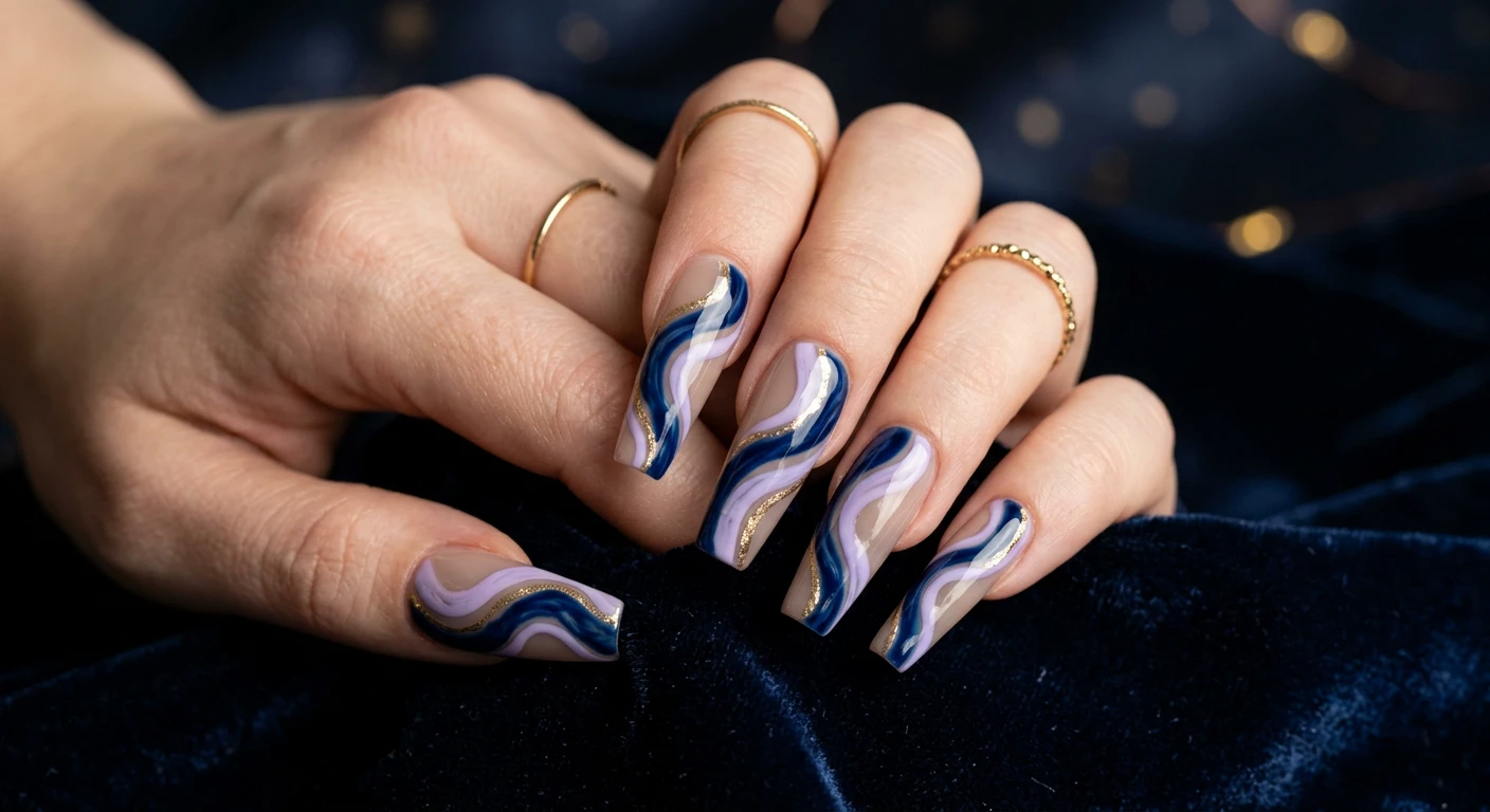A beautiful macro photograph of one hand showing a detailed nail design, high-resolution and sharp focus on long coffin-shaped acrylic extensions. The base is a sheer, cool-toned tan overlaid with sweeping, dramatic thick swirls of an inky midnight blue closely interwoven with soft, milky lavender waves. Modern, Instagram-worthy photography style. Aesthetic moody background featuring dark, luxurious velvet with subtle celestial lighting. No faces visible, focus ONLY on the nails and hand., macro nail photography, high quality, Instagram-worthy, clean composition