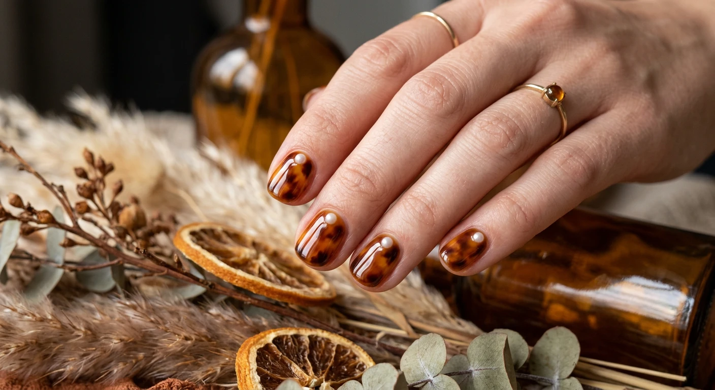 A beautiful macro photograph of one hand showing a nail design in detail, featuring short, natural round nails with a rich, warm tortoiseshell pattern created with amber, caramel, and deep espresso brown gels. A single, tiny matte-like ivory pearl is centered perfectly at the cuticle base of each glossy nail. High-resolution, sharp focus on the nails, set against an aesthetic warm amber glass and dried flora background. Modern, Instagram-worthy photography style, no faces visible, focus ONLY on the nails and hand., macro nail photography, high quality, Instagram-worthy, clean composition