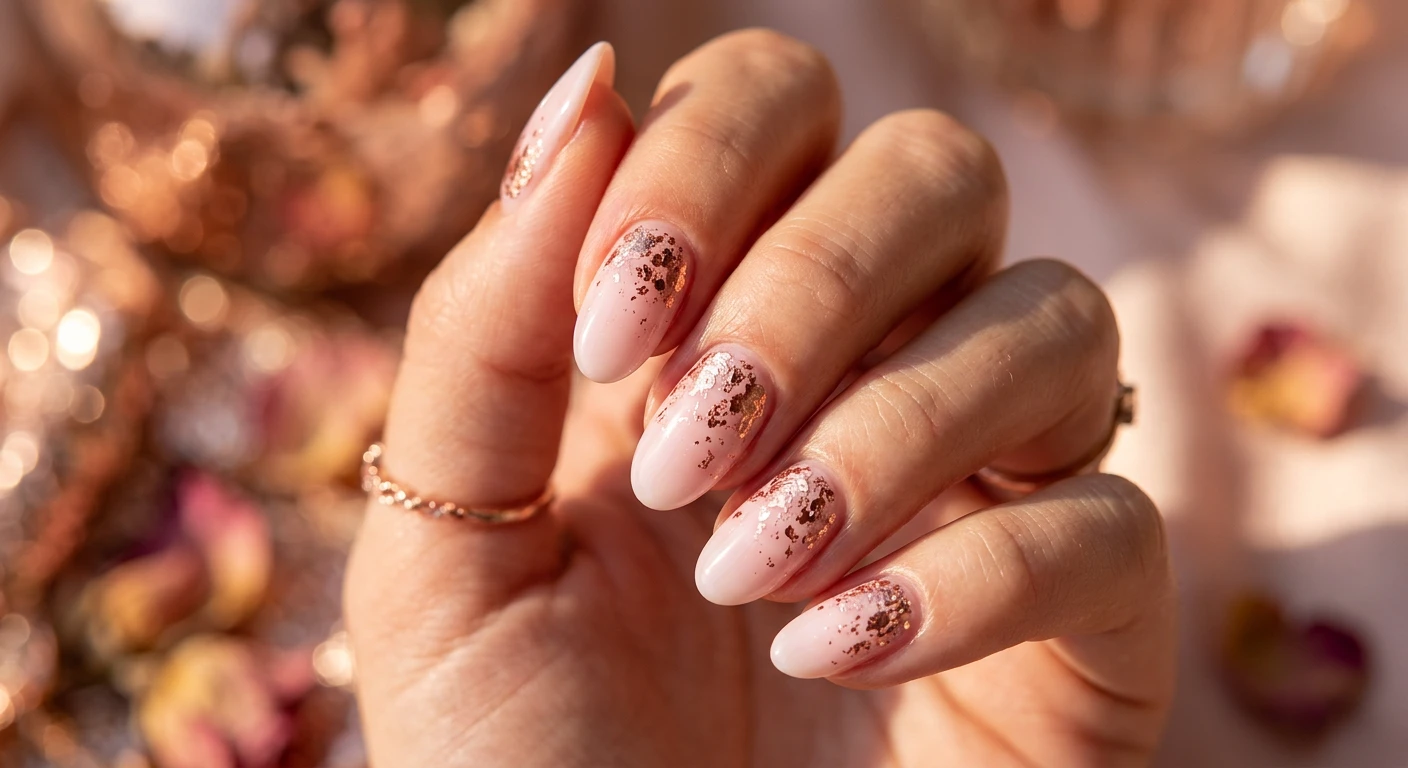 A beautiful macro photograph of one hand showing a nail design in detail, featuring a creamy, milky bubble bath pink base adorned with scattered, organic flakes of metallic rose gold foil heavily concentrated near the cuticles and fading softly toward the tips in a gradient effect. Displayed on a medium-length, elegant oval shape with a high-gloss finish. High-resolution, sharp focus on the nails. Aesthetic background with warm golden hour sunlight and softly out-of-focus rose gold metallic accents. Modern, Instagram-worthy photography style. No faces visible, focus ONLY on the nails and hand., macro nail photography, high quality, Instagram-worthy, clean composition