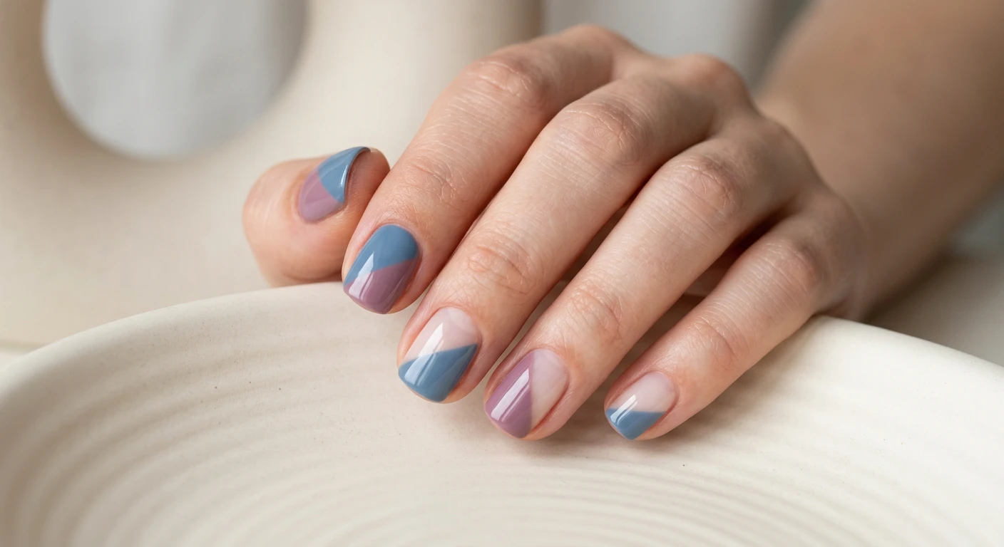 A beautiful macro photograph of one hand showing a minimalist geometric colorblock nail design in perfect detail. The nails are decorated with crisp, clean diagonal lines separating solid, opaque blocks of dusty blue, mauve, and negative space. High-resolution, sharp focus solely on the hand and nails, with no faces visible. Shot in a modern, Instagram-worthy photography style against an aesthetic, structured background of smooth, matte ceramic in soft cream to emphasize the contemporary vibe., macro nail photography, high quality, Instagram-worthy, clean composition