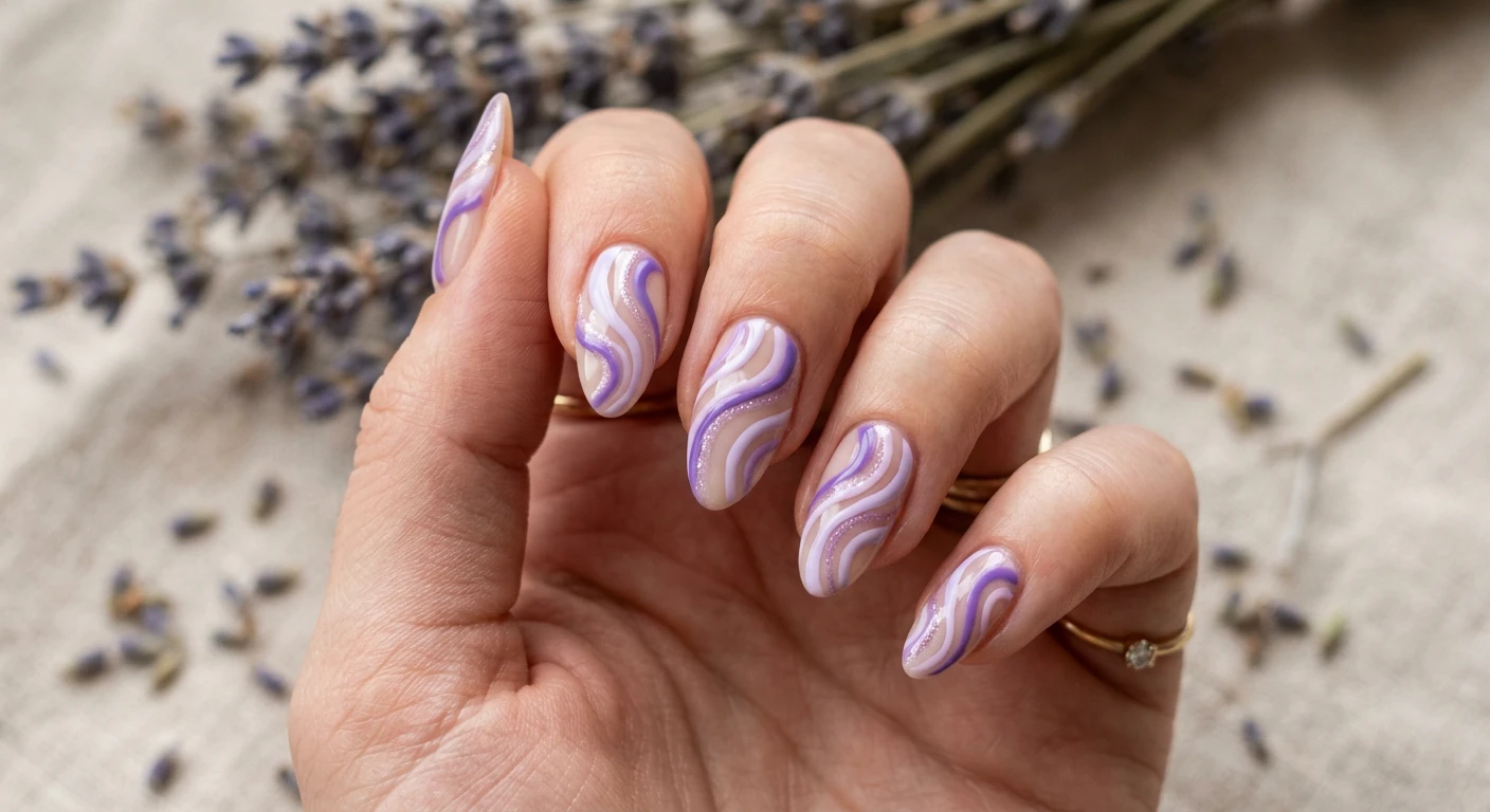 A beautiful macro photograph of one hand showing an Abstract Lavender Swirls nail design in detail. The nails are painted with a clean, semi-sheer sand neutral base, decorated with intertwining thick and thin abstract wavy lines in a dimensional combination of pale pastel lavender and a richer violet extending from cuticle to tip. High-resolution, sharp focus on the nails. Aesthetic background featuring softly blurred dried lavender sprigs on a minimalist organic surface. Modern, Instagram-worthy photography style. No faces visible, focus ONLY on the nails and hand., macro nail photography, high quality, Instagram-worthy, clean composition