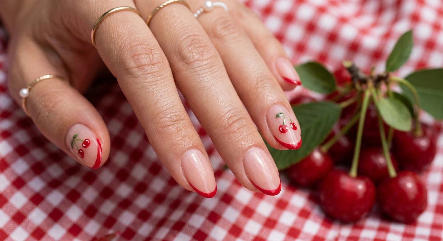 A beautiful macro photograph of one hand showing a nail design in detail, featuring classic, refined oval-shaped nails. The manicure has a soft, sheer pinkish-tan base with an ultra-thin, delicate micro-French tip line in a bright, juicy cherry red, with the ring finger and thumb acting as accent nails featuring incredibly tiny, meticulously hand-painted cherries. Aesthetic background featuring a subtle red and white gingham fabric and a fresh cherry stem. High-resolution, sharp focus on the nails, modern Instagram-worthy photography style. No faces visible, focus ONLY on the nails and hand., macro nail photography, high quality, Instagram-worthy, clean composition