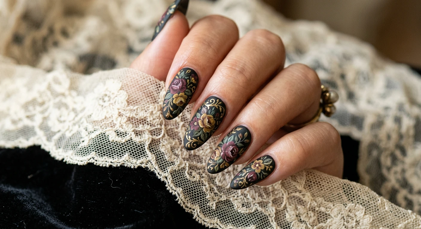 A beautiful macro photograph of one hand showing an elegant nail design in detail, featuring a vintage floral tapestry pattern with intricate, rich-toned roses and vines in deep burgundy, mustard, and forest green over a dark matte base. High-resolution, sharp focus on the nails. Aesthetic background of antique ivory lace laid over dark velvet. Modern, Instagram-worthy photography style. No faces visible, focus ONLY on the nails and hand., macro nail photography, high quality, Instagram-worthy, clean composition