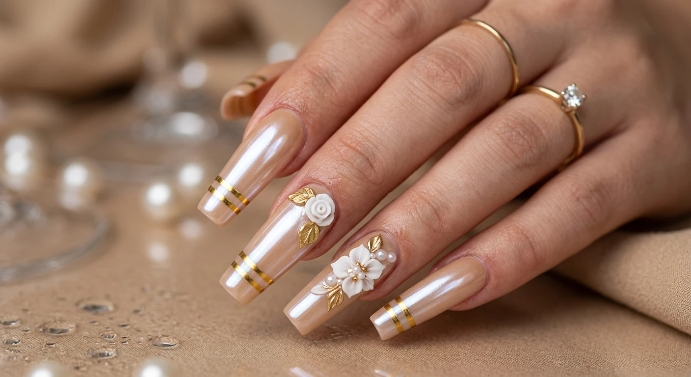 A beautiful macro photograph of one hand showing a glossy nail design in detail. Extra-long coffin shaped nails featuring a warm tan base that has been burnished with a white-pearl chrome powder for a fully glazed, iridescent finish. Double parallel metallic gold stripes are painted horizontally across the tips of all the nails, mimicking a modern French tip aesthetic. On the middle and ring fingers sit delicate 3D sculpted garden blooms. High-resolution, sharp focus on the nails. Aesthetic background of warm, softly lit dewy tan surfaces with subtle pearl reflections. Modern, Instagram-worthy photography style. No faces visible, focus ONLY on the nails and hand., macro nail photography, high quality, Instagram-worthy, clean composition