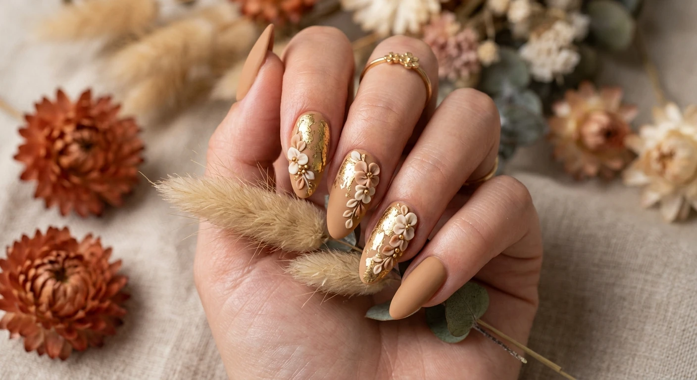 A beautiful macro photograph of one hand showing a nail design in detail, featuring a warm, flat matte tan gel polish coating medium-length nails, striking a contrast with abstract gold foil and cascading sculpted 3D florals. High-resolution, sharp focus on the nails. Aesthetic muted terracotta and dried floral background. Modern, Instagram-worthy photography style. No faces visible, focus ONLY on the nails and hand., macro nail photography, high quality, Instagram-worthy, clean composition