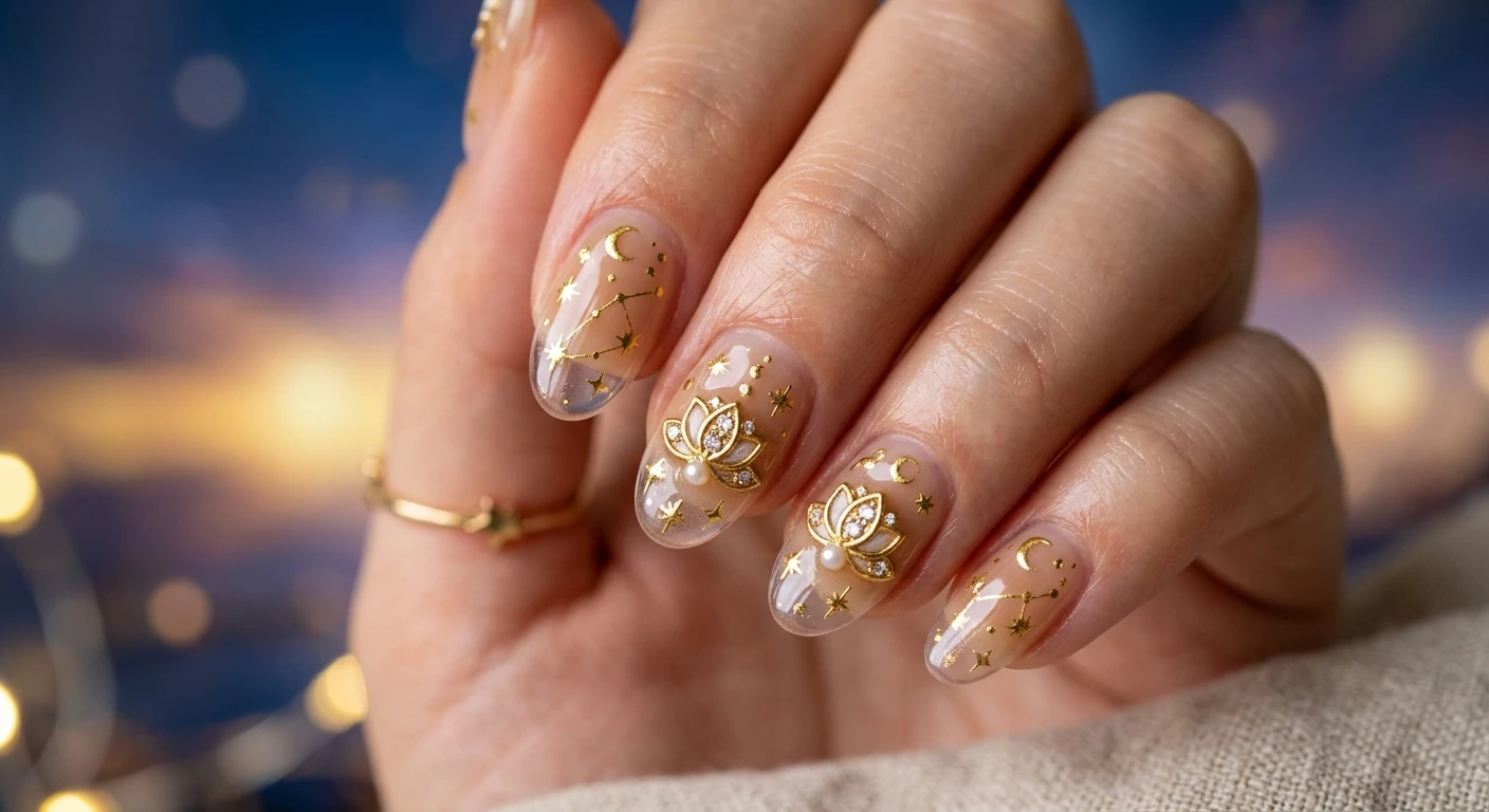 A beautiful macro photograph of one hand showing a detailed nail design. High-resolution, sharp focus on the nails featuring a clear, glass-like gel base blending upward into a sheer, milky tan gradient at the tips. The glassy negative space is decorated with ultra-thin, hand-painted metallic gold stars, crescent moons, constellation lines, and intricate 3D lotus flower embellishments. Modern, Instagram-worthy photography style. Aesthetic background featuring dreamy twilight colors and soft celestial light flares. No faces visible, focus ONLY on the nails and hand., macro nail photography, high quality, Instagram-worthy, clean composition