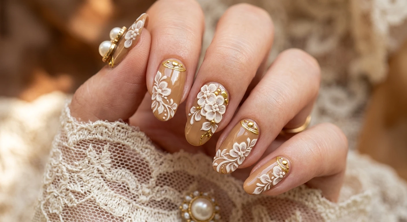 A beautiful macro photograph of one hand showing a nail design in detail, featuring a rich, opaque warm tan base polish with a glossy finish. Intricate, raised soft ivory flower details mimic vintage floral lace cascading across all nails, framed by delicate hand-painted gold line art at the cuticle area and incredibly small flat gold metal accents. High-resolution, sharp focus on the nails. Modern, Instagram-worthy photography style. Aesthetic background of textured antique lace and warm sepia-toned lighting. No faces visible, focus ONLY on the nails and hand., macro nail photography, high quality, Instagram-worthy, clean composition