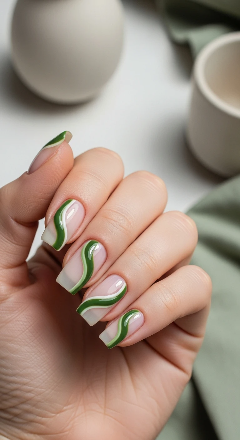 A beautiful macro photograph of one hand showing a nail design in detail. The nails feature a milky translucent base decorated with a single, flowing, organic swirl of muted matcha green polish that travels diagonally from the side of the cuticle to the opposite tip on each nail. High-resolution, sharp focus on the nails. The aesthetic background includes soft, out-of-focus elements of matte cream ceramics and muted sage linens to complement the matcha cream theme. Modern, Instagram-worthy photography style. No faces visible, focus ONLY on the nails and hand., macro nail photography, high quality, Instagram-worthy, clean composition