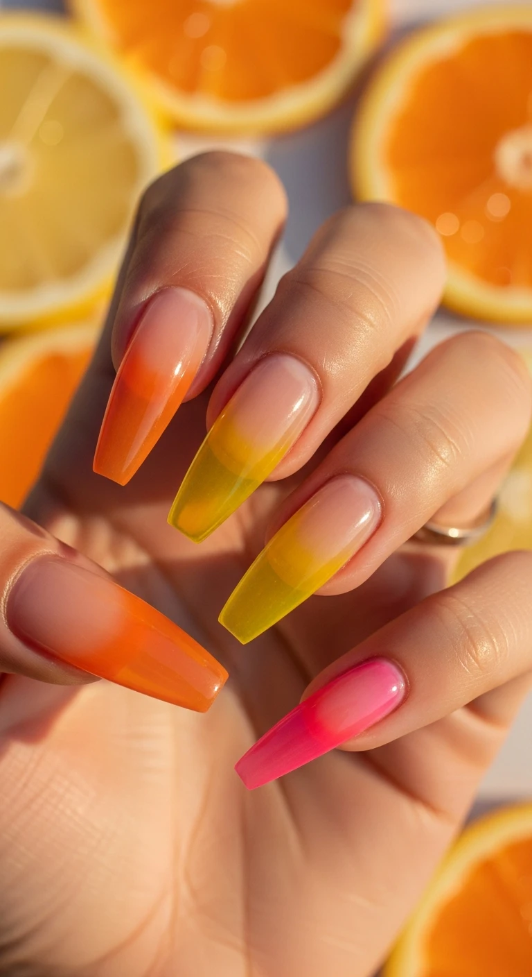 A beautiful macro photograph of one hand showing a Citrus Sunset Ombre nail design in detail. The nails are styled in a long stiletto shape, featuring a glossy, translucent gradient blending three fruity colors: sheer tangerine orange at the cuticle, beautifully fading into translucent sunshine yellow in the middle, and ending with sheer hot pink at the tips. The finish is extremely glassy. High-resolution, sharp focus on the nails. Aesthetic background bathed in warm golden-hour lighting with blurred, vibrant citrus fruit slices. Modern, Instagram-worthy photography style. No faces visible, focus ONLY on the nails and hand., macro nail photography, high quality, Instagram-worthy, clean composition
