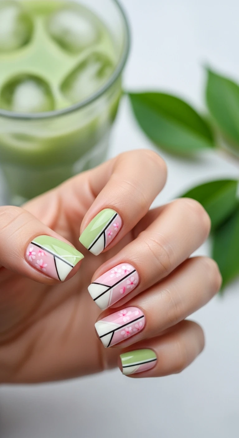 A beautiful macro photograph of one hand showing a matcha latte and sakura pink colorblock nail design in detail. The nails feature a modern, geometric colorblock pattern using a creamy, pale matcha green and a soft cherry blossom pink, separated by ultra-crisp lines. High-resolution, sharp focus on the perfectly manicured nails. The aesthetic background includes a softly out-of-focus iced matcha latte and fresh spring leaves. Modern, Instagram-worthy photography style. No faces visible, focus ONLY on the nails and hand., macro nail photography, high quality, Instagram-worthy, clean composition