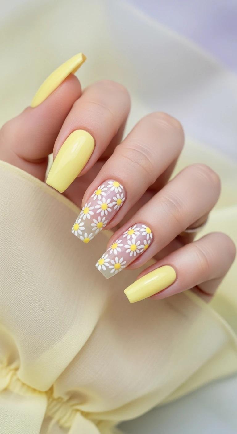 A beautiful macro photograph of one hand showing a nail design in detail, featuring a medium coffin shape. Three fingers are painted in a solid pastel lemon-yellow, while two accent nails feature a sheer neutral base adorned with tiny, meticulously hand-painted white daisies with pastel yellow centers. The hand is gently placed against an aesthetic, dreamy background of airy pastel yellow chiffon fabric. High-resolution, sharp focus on the nails, modern, Instagram-worthy photography style. No faces visible, focus ONLY on the nails and hand., macro nail photography, high quality, Instagram-worthy, clean composition