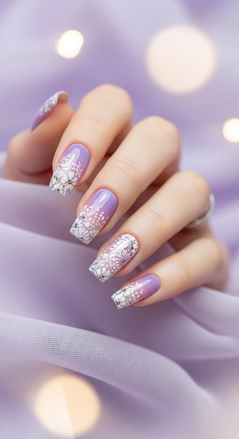 A beautiful macro photograph of one hand showing a lavender haze and micro florals nail design in detail. The nails feature a soft, dreamy lilac aura gradient, detailed with intricate, ultra-fine white and silver micro-floral patterns. High-resolution, sharp focus on the nails. Aesthetic background of sheer, floating lavender chiffon and glowing, hazy bokeh lighting. Modern, Instagram-worthy photography style. No faces visible, focus ONLY on the nails and hand., macro nail photography, high quality, Instagram-worthy, clean composition